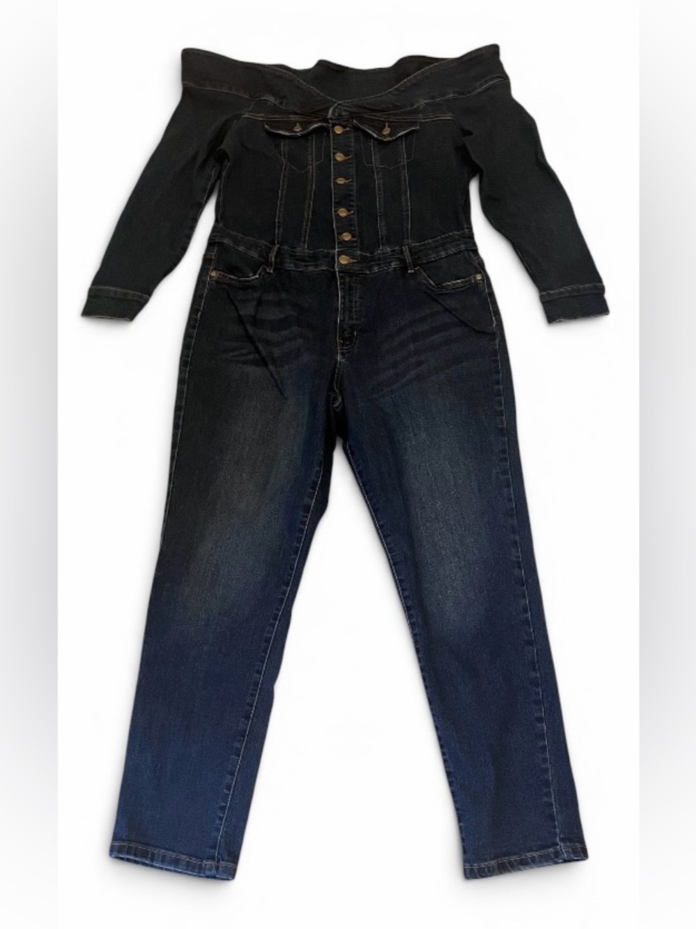 Dark Blue Off-Shoulder Denim Overalls Jumpsuit - Picture 5 of 12